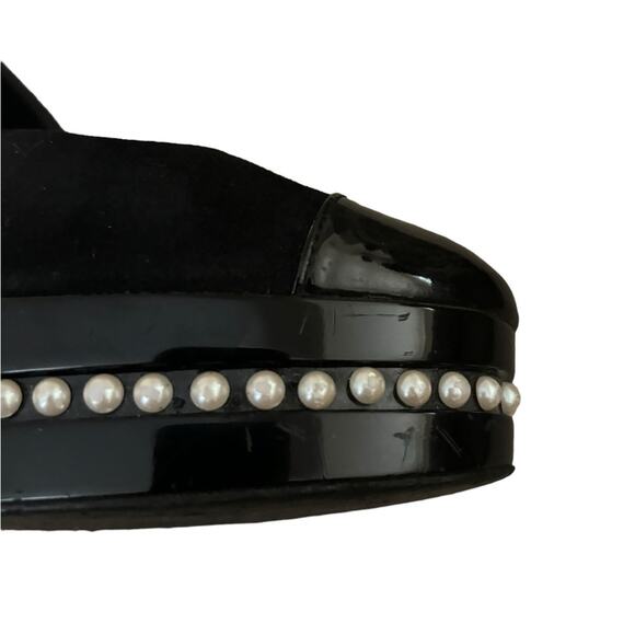 Chanel Black Satin and Patent Leather Cap Toe Pearl Platform Pumps Size 38 - Picture 11 of 14